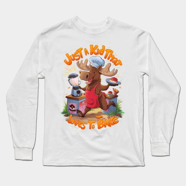 Moose Chef Backing by the Stove Long Sleeve T-Shirt by coollooks